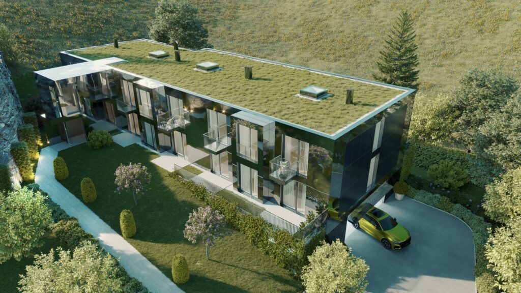 a2 architektur, Roland Dötlinger, Personalwohnhaus, Fassade verspiegelt, Dachbegrünung